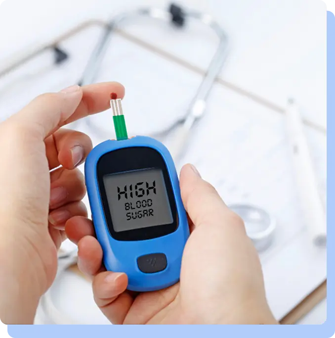 Close-up of a person's hands using a glucose meter that displays a 'High Blood Sugar' reading.