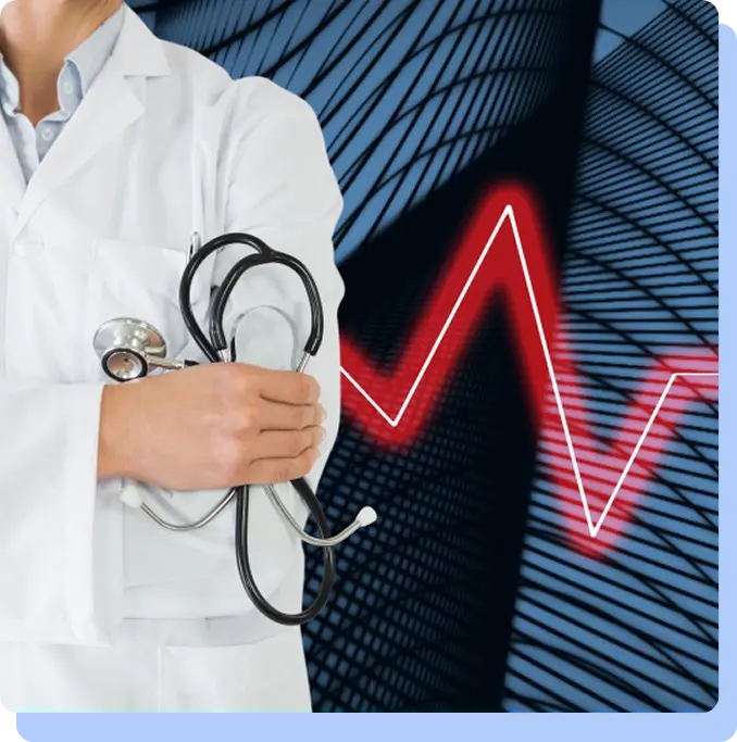 A healthcare professional in a white lab coat with a stethoscope around their neck, standing in front of a digital background showing a red electrocardiogram (EKG) heart rate line.