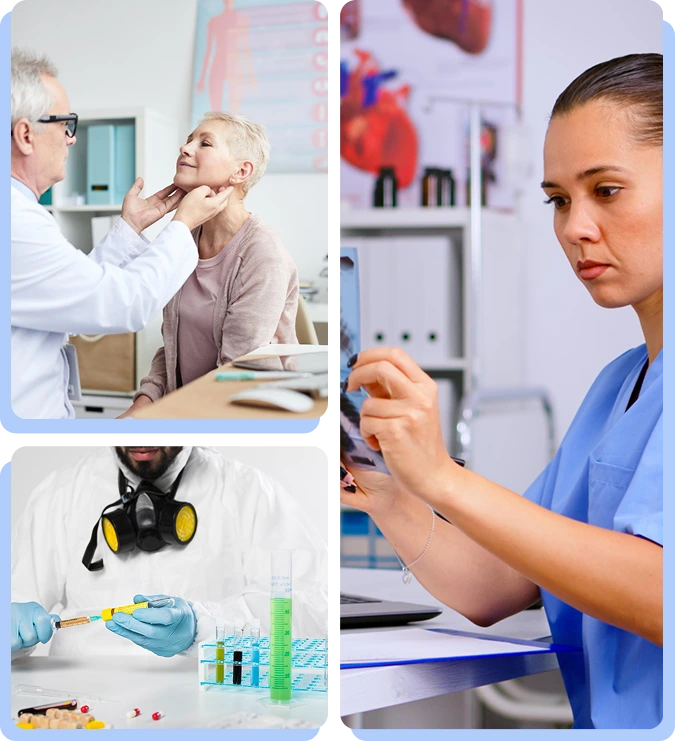 A grid of three medical images: a doctor examining a patient's neck, a researcher in protective gear working with laboratory liquids, and a medical professional reviewing a diagnostic X-ray.