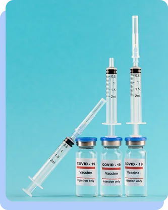 Three medical vials and three syringes arranged vertically against a bright teal background.