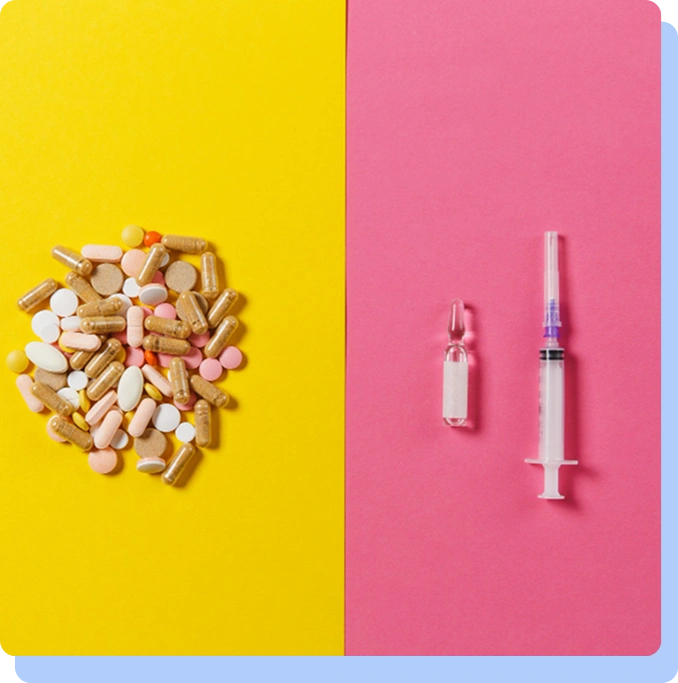 split-screen graphic: the left side shows a pile of various pills on a yellow background; the right side shows a single syringe and vial on a pink background.
