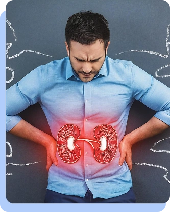 A man clutching his lower back with a red glowing overlay highlighting the kidney area.