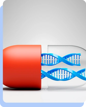 A conceptual 3D render of a large orange and white capsule that has been opened to reveal a blue double-helix DNA strand inside.