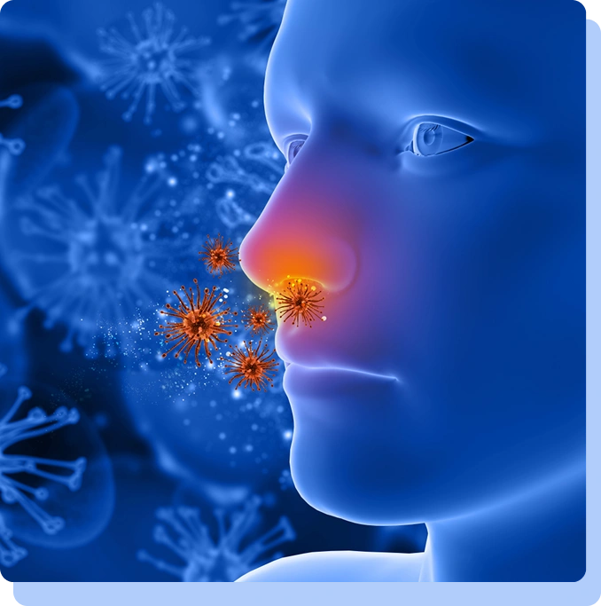 A 3D anatomical illustration of a human profile in blue, showing glowing red and orange particles around the nose and mouth to represent a hypersensitivity or allergic reaction.