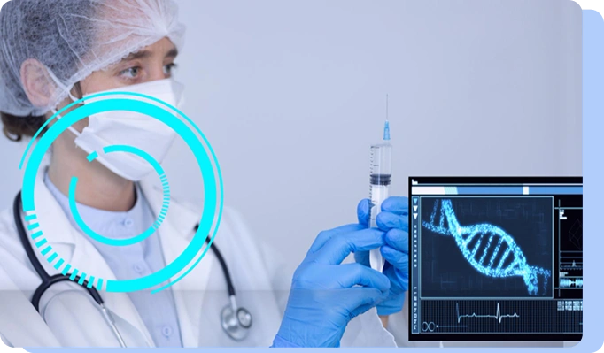 A montage featuring a medical professional in a hairnet and mask with a glowing cyan digital circle overlaid on their face. To the right, a hand in a blue glove holds a syringe next to a digital monitor displaying a blue 3D DNA double-helix model.
