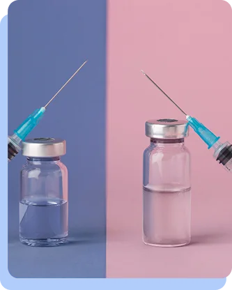 A split-screen comparison showing two glass vials of clear liquid; the left side has a purple background and the right side has a pink background.