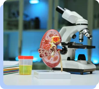 A laboratory setting showing a microscope next to a 3D anatomical model of a human kidney and a small specimen jar.