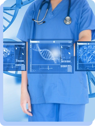 A person in blue medical scrubs with a stethoscope around their neck, with three digital overlays in front of them showing blue futuristic DNA and medical data charts.