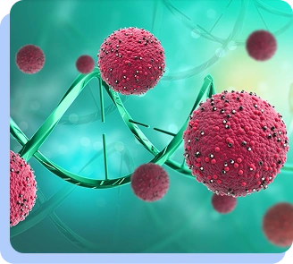 A 3D medical illustration showing several textured red spherical cells floating near a glowing green DNA strand.