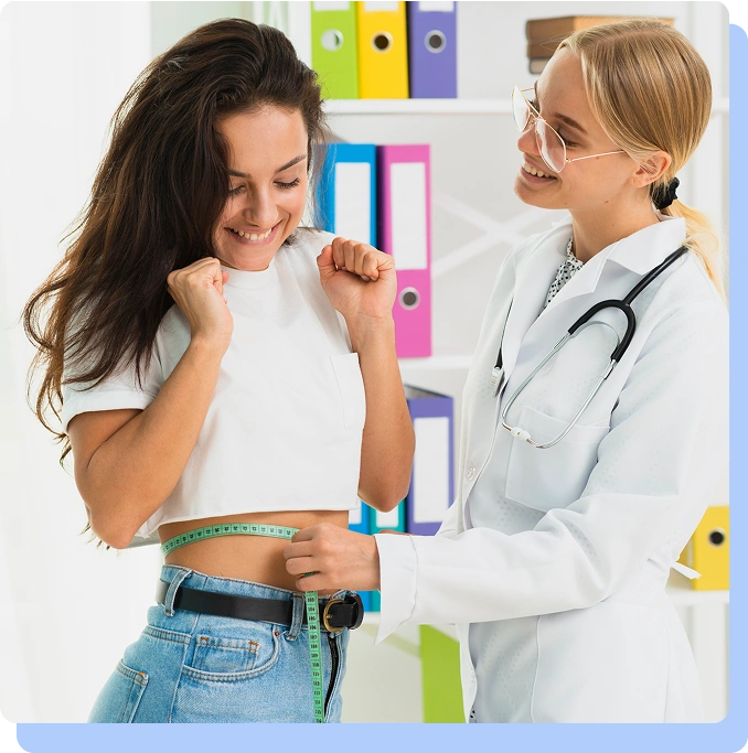 A healthcare professional measuring a smiling patient's waist with a tape measure in a bright office.
