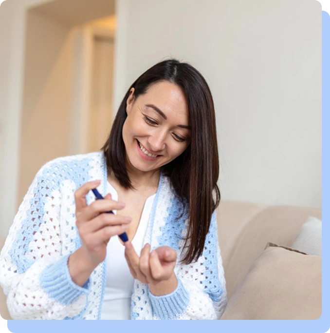 Text discussing medical consultation for semaglutide next to a photo of a smiling woman using an injection pen.