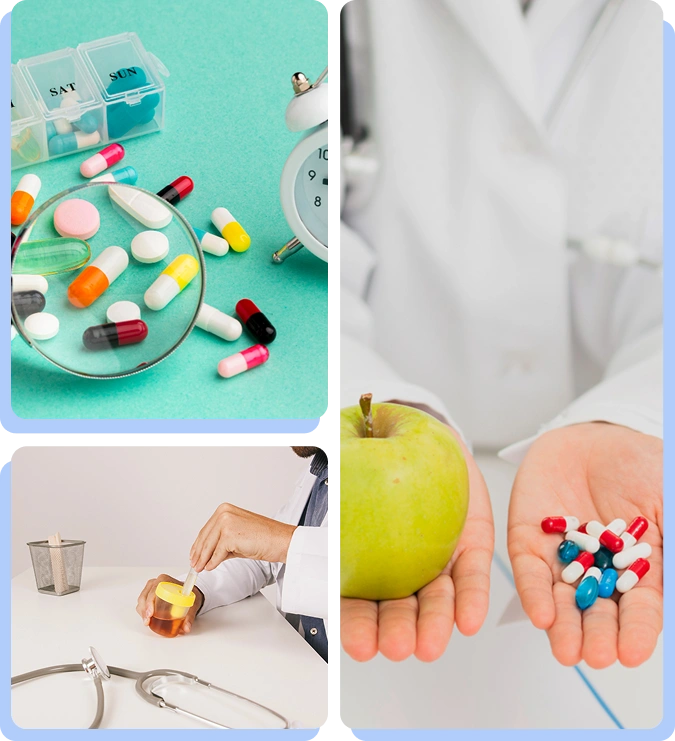 Clinical criteria for semaglutide use in Type 2 Diabetes and Obesity management, illustrated with a collage of healthy food and medication.