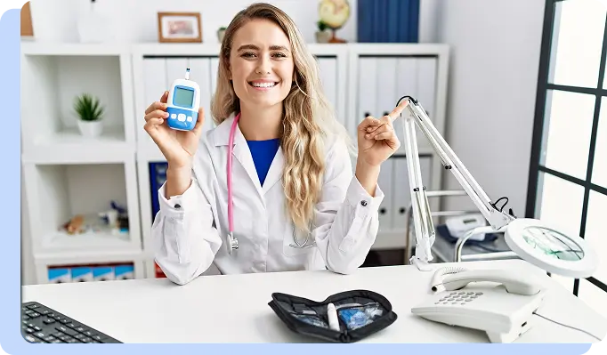 A smiling female doctor holding a blue digital glucose meter, representing blood sugar management research.