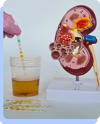 A gloved hand holding a diagnostic dipstick next to a sample of yellow fluid in a clear container, positioned beside an anatomical kidney model for medical testing context.
